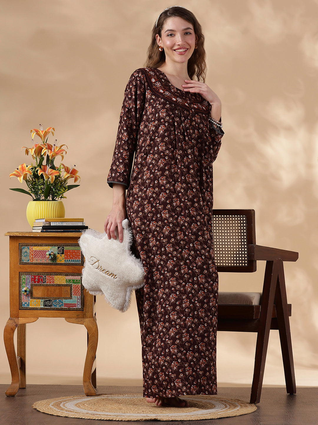 Alpine Floral Designer Nighty for Women Soft and Embroidered
