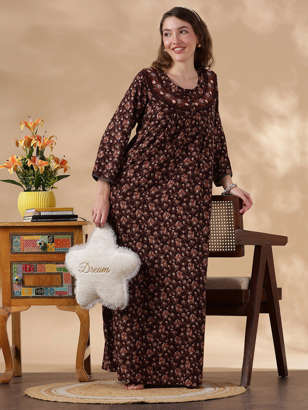 Alpine Floral Designer Nighty for Women Soft and Embroidered