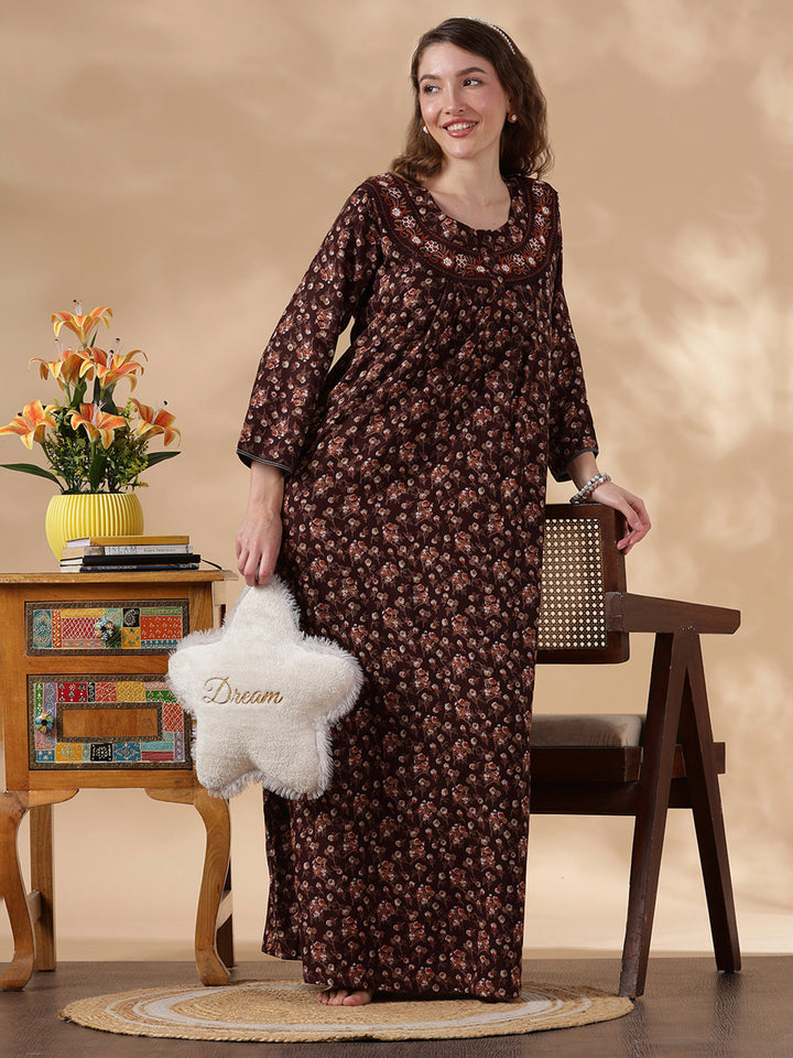 Alpine Floral Designer Nighty for Women Soft and Embroidered