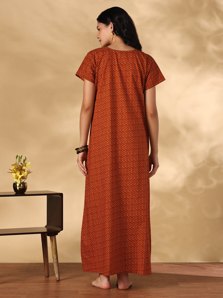 Heritage Orange Ikat Print Pure Cotton Nighty for Women
