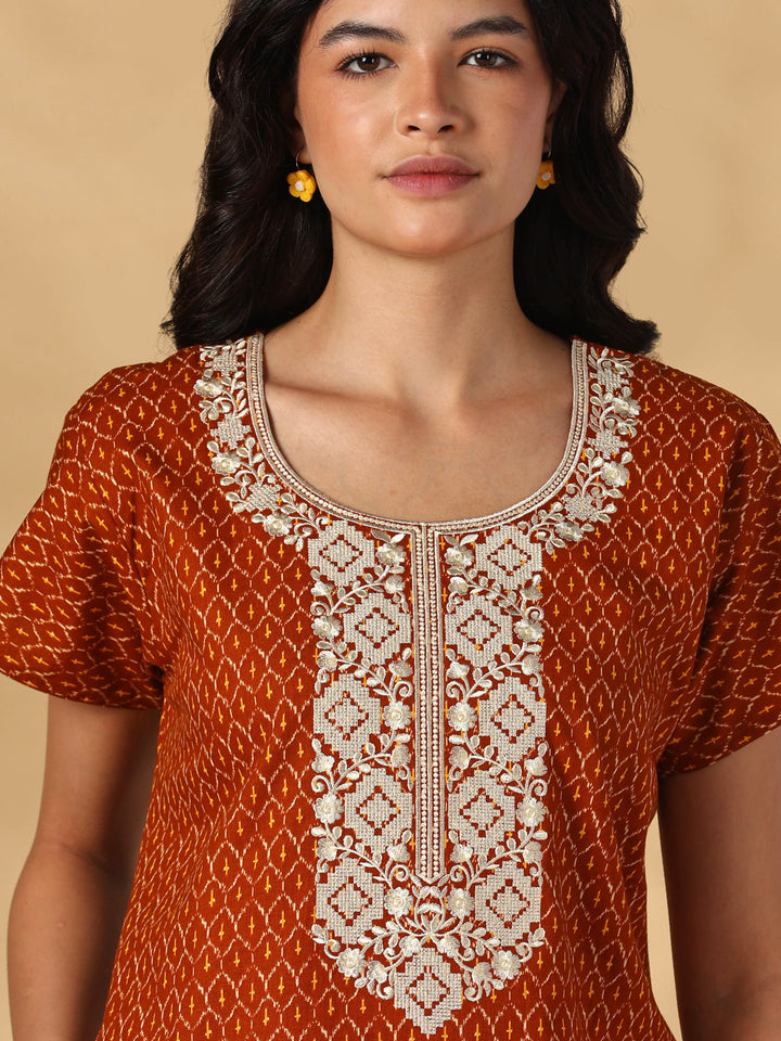 Heritage Orange Ikat Print Pure Cotton Nighty for Women