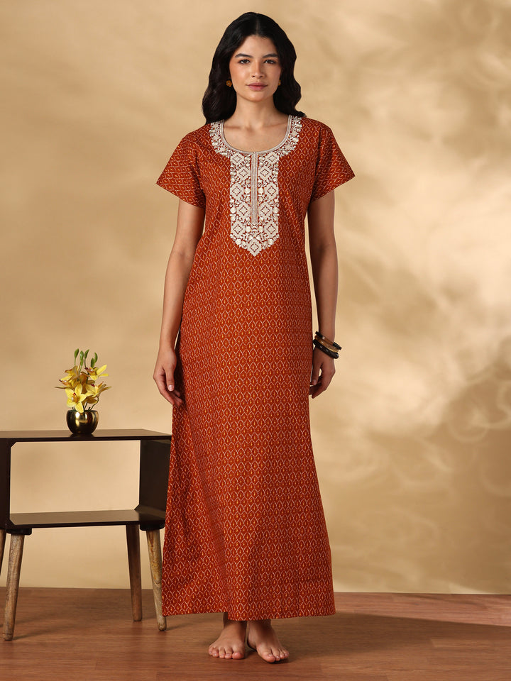 Heritage Orange Ikat Print Pure Cotton Nighty for Women