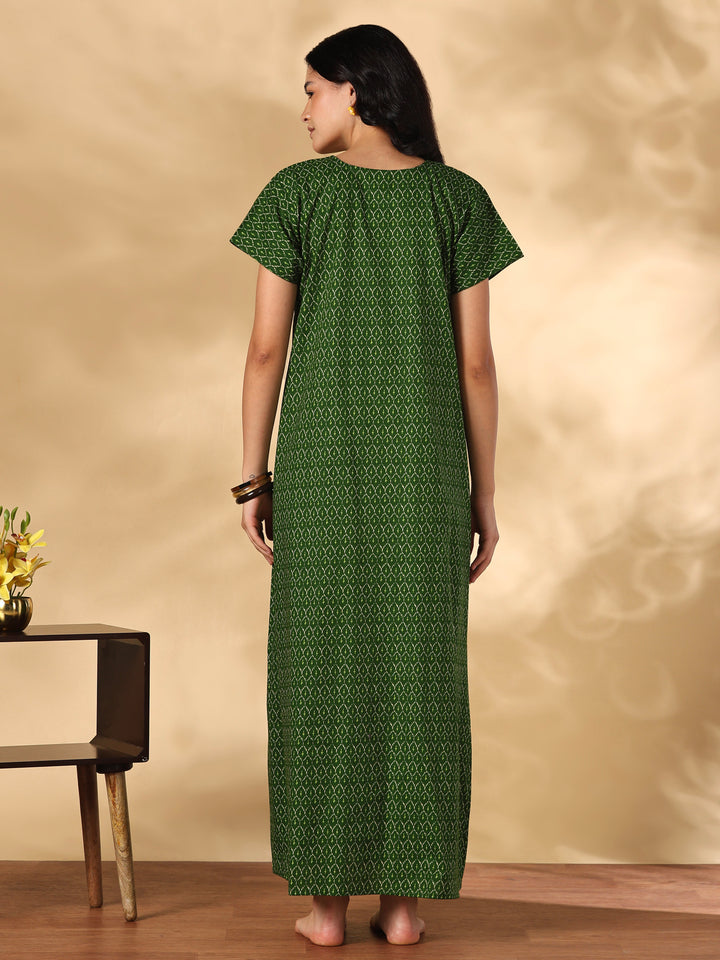 Heritage Green Ikat Print Pure Cotton Nighty for Women