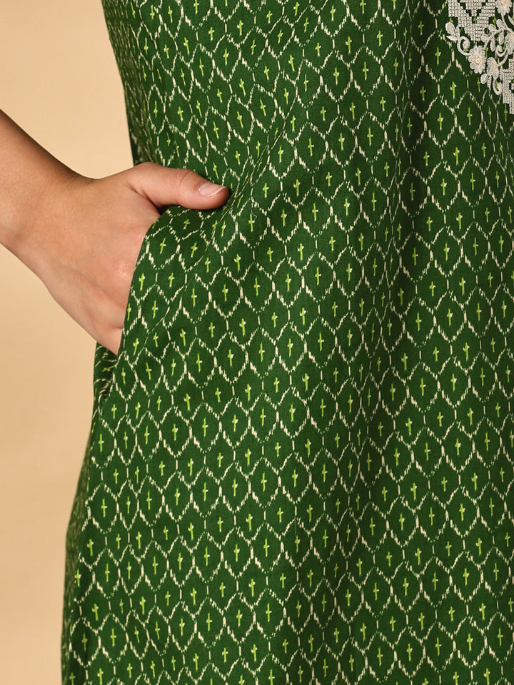 Heritage Green Ikat Print Pure Cotton Nighty for Women