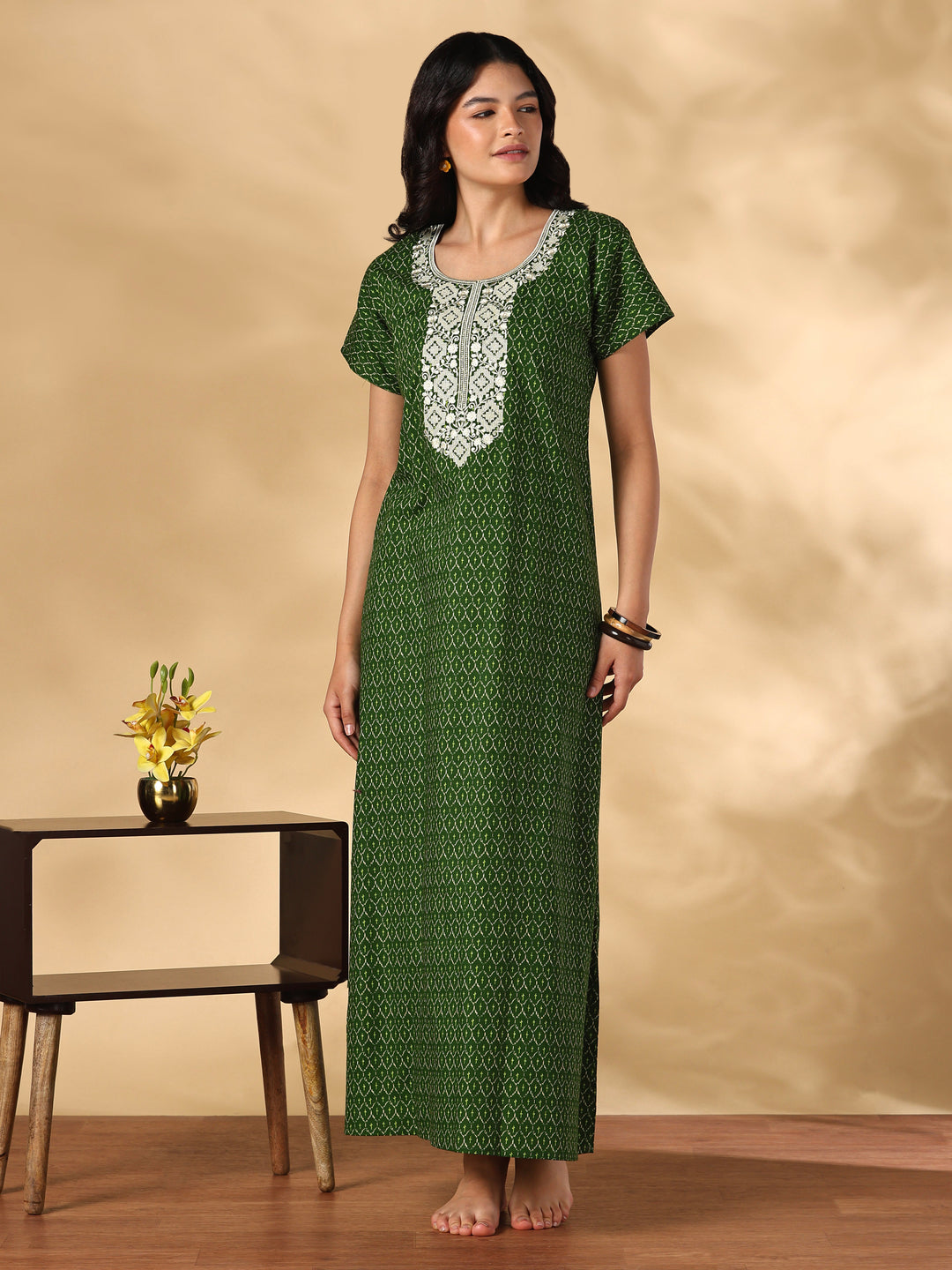 Heritage Green Ikat Print Pure Cotton Nighty for Women
