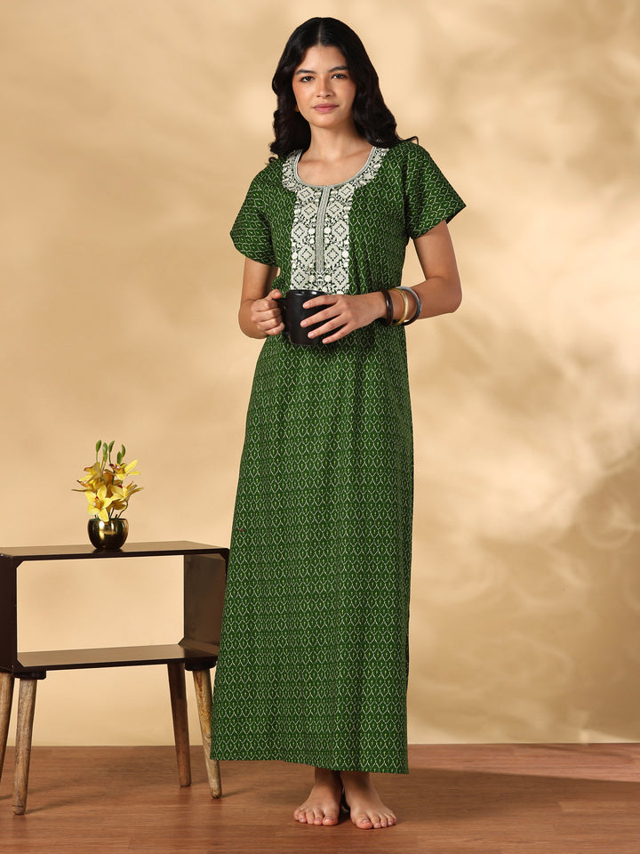 Heritage Green Ikat Print Pure Cotton Nighty for Women