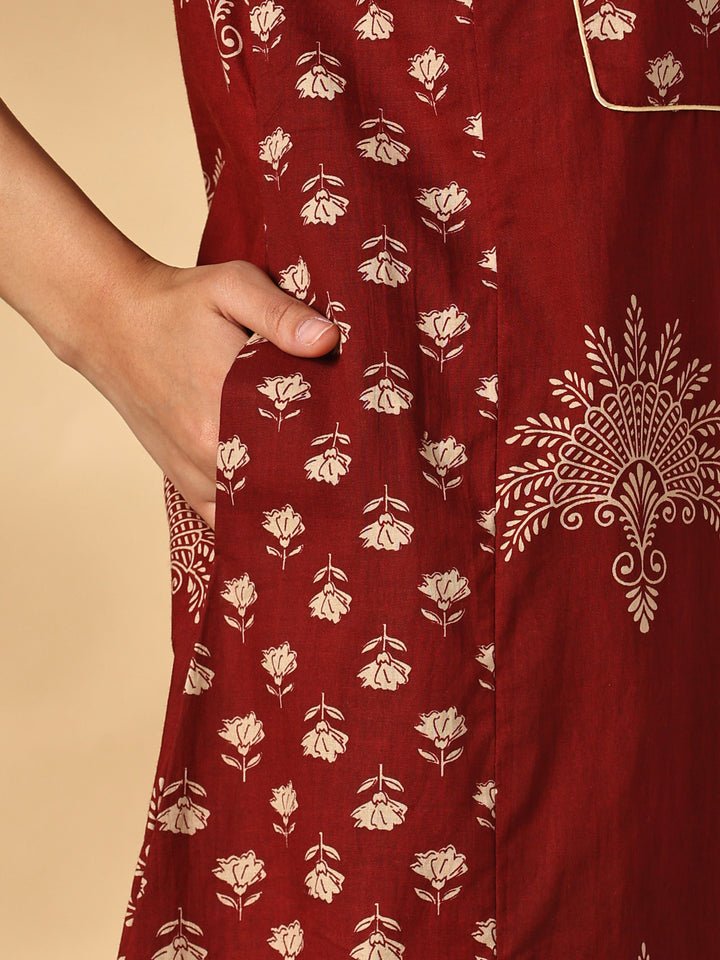 Soft Pure Cotton A Line Nighty with Traditional Jaipuri Print