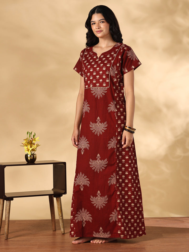Soft Pure Cotton A Line Nighty with Traditional Jaipuri Print