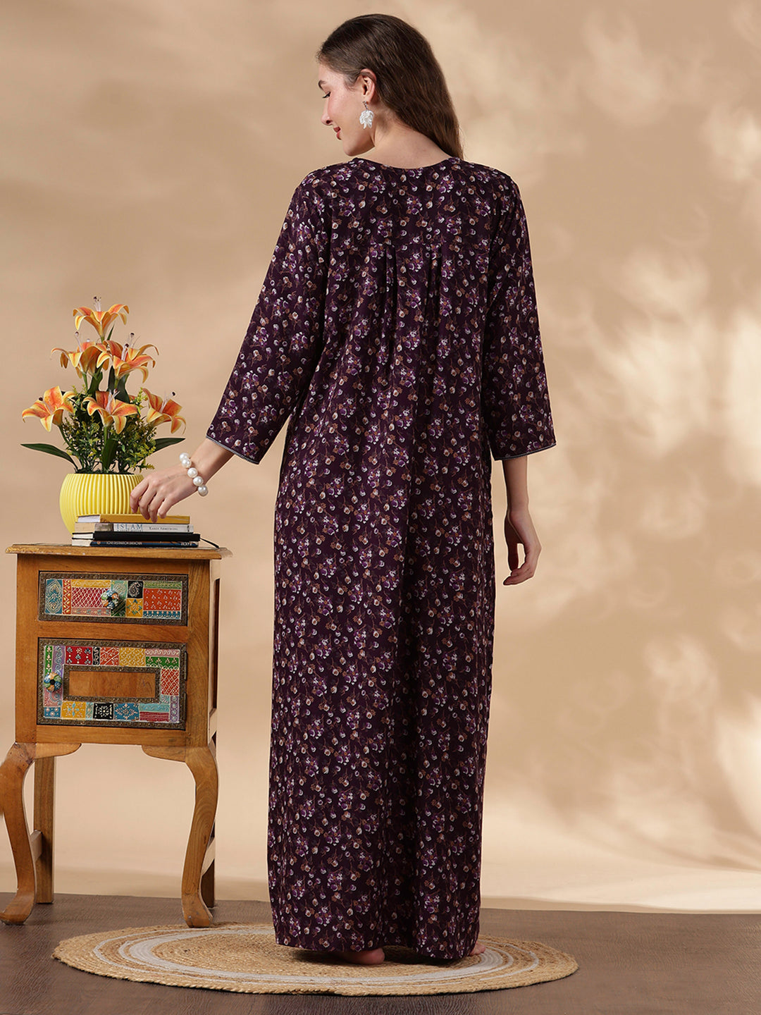 Alpine Floral Full Sleeves Nighty Purple Flower Comfortable Fit