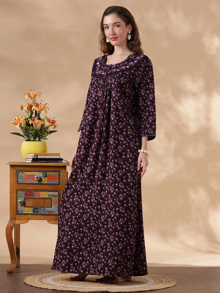 Alpine Floral Full Sleeves Nighty Purple Flower Comfortable Fit