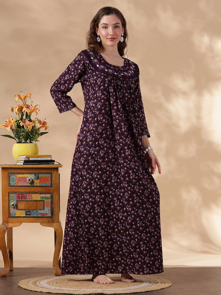 Alpine Floral Full Sleeves Nighty Purple Flower Comfortable Fit