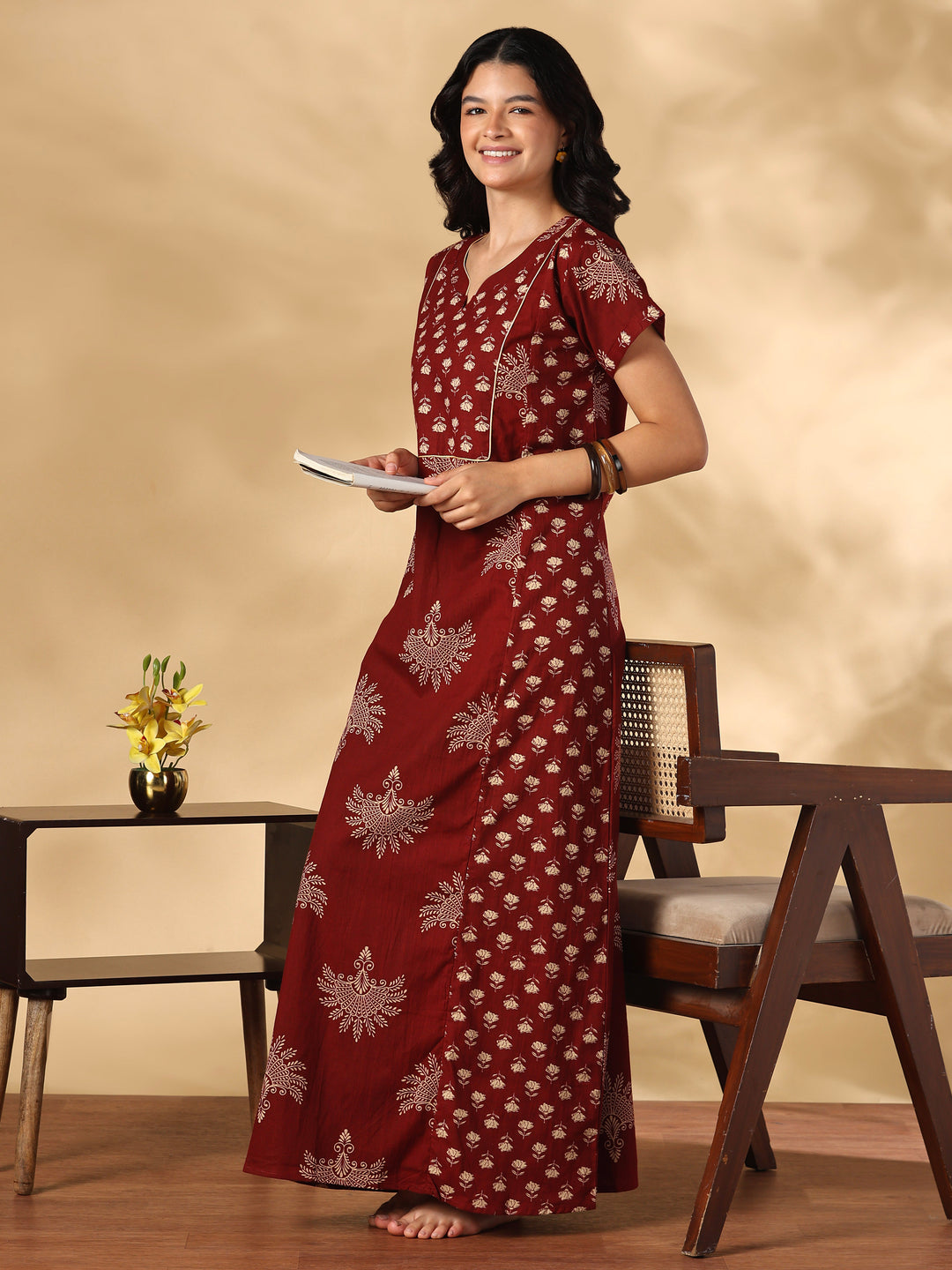 Soft Pure Cotton A Line Nighty with Traditional Jaipuri Print