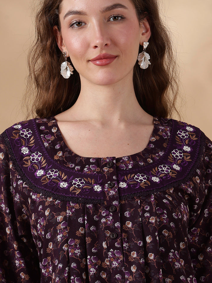 Alpine Floral Full Sleeves Nighty Purple Flower Comfortable Fit