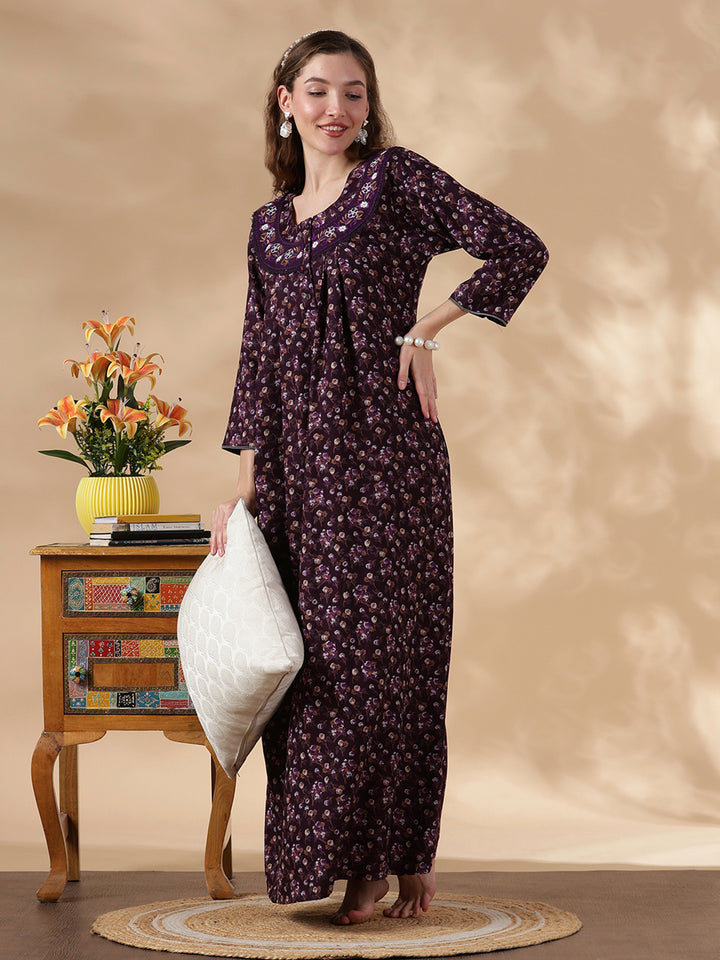 Alpine Floral Full Sleeves Nighty Purple Flower Comfortable Fit