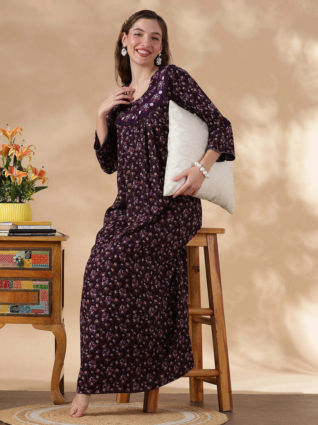 Alpine Floral Full Sleeves Nighty Purple Flower Comfortable Fit