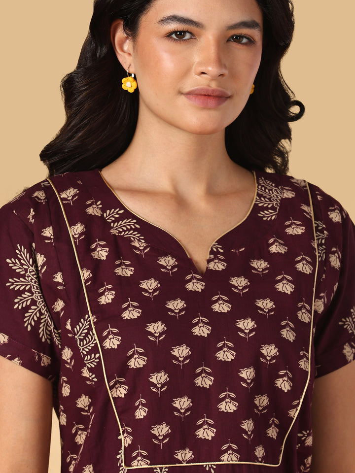 Jaipuri Print A Line Pure Cotton Nighty with Notch Neck