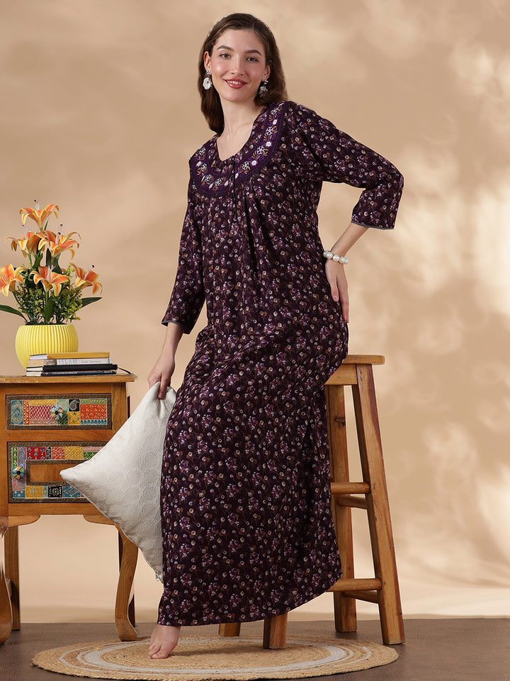 Alpine Floral Full Sleeves Nighty Purple Flower Comfortable Fit