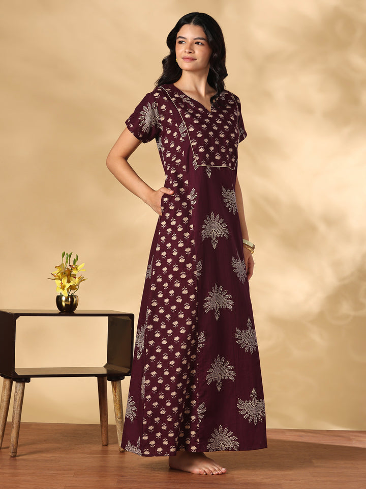 Jaipuri Print A Line Pure Cotton Nighty with Notch Neck