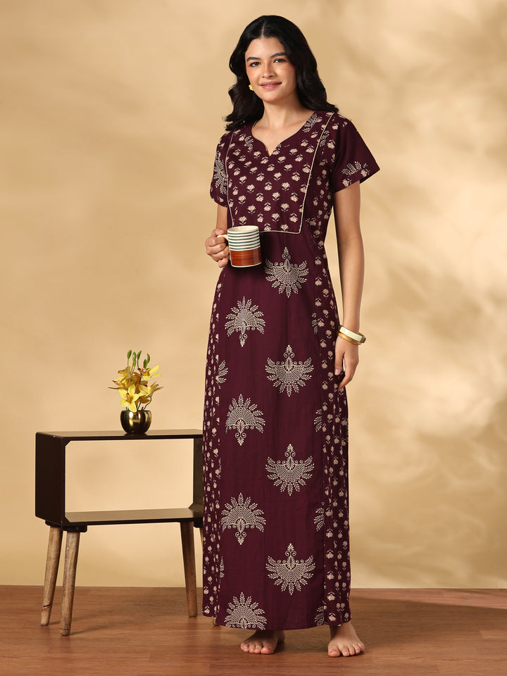 Jaipuri Print A Line Pure Cotton Nighty with Notch Neck