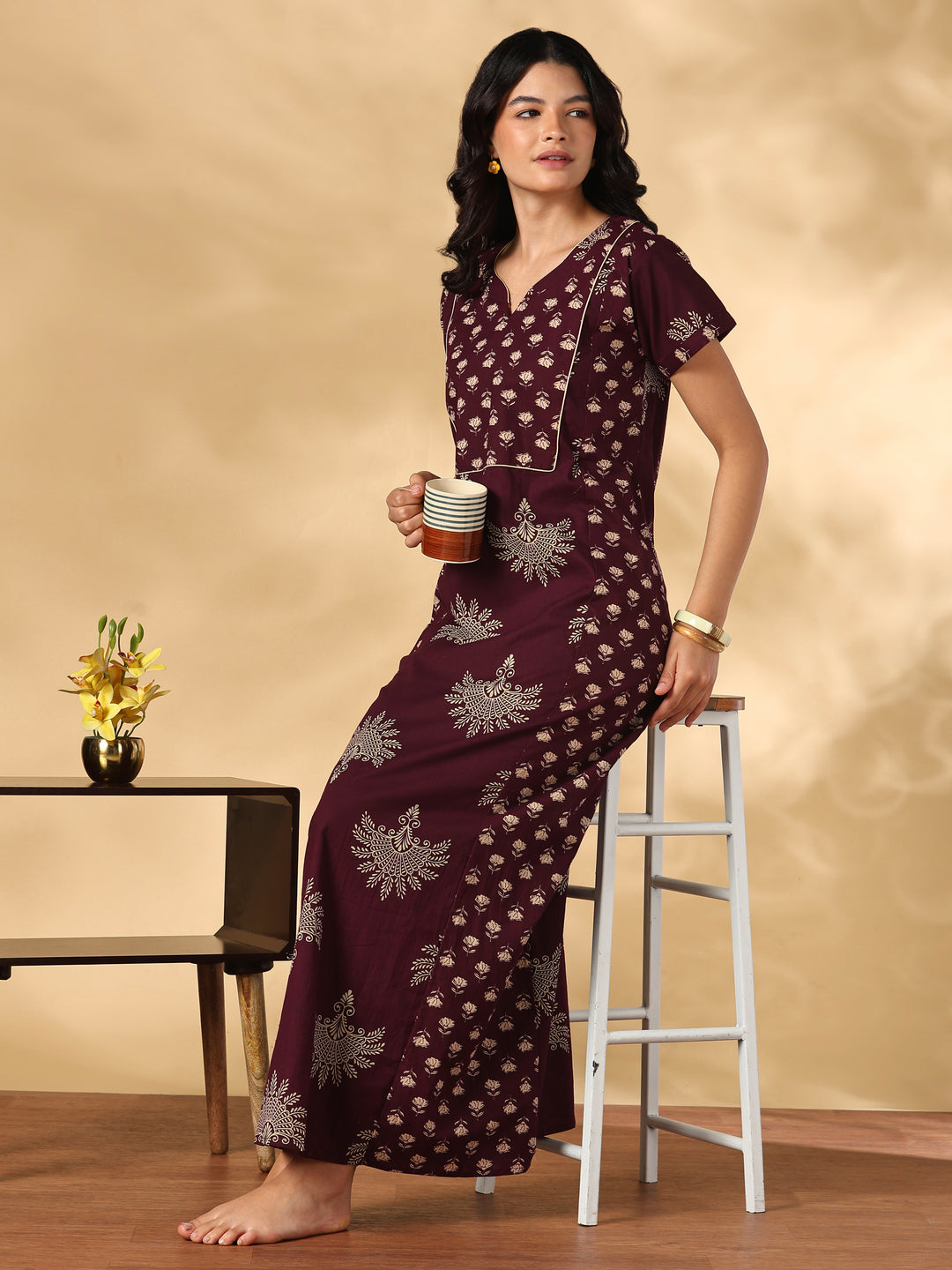 Jaipuri Print A Line Pure Cotton Nighty with Notch Neck