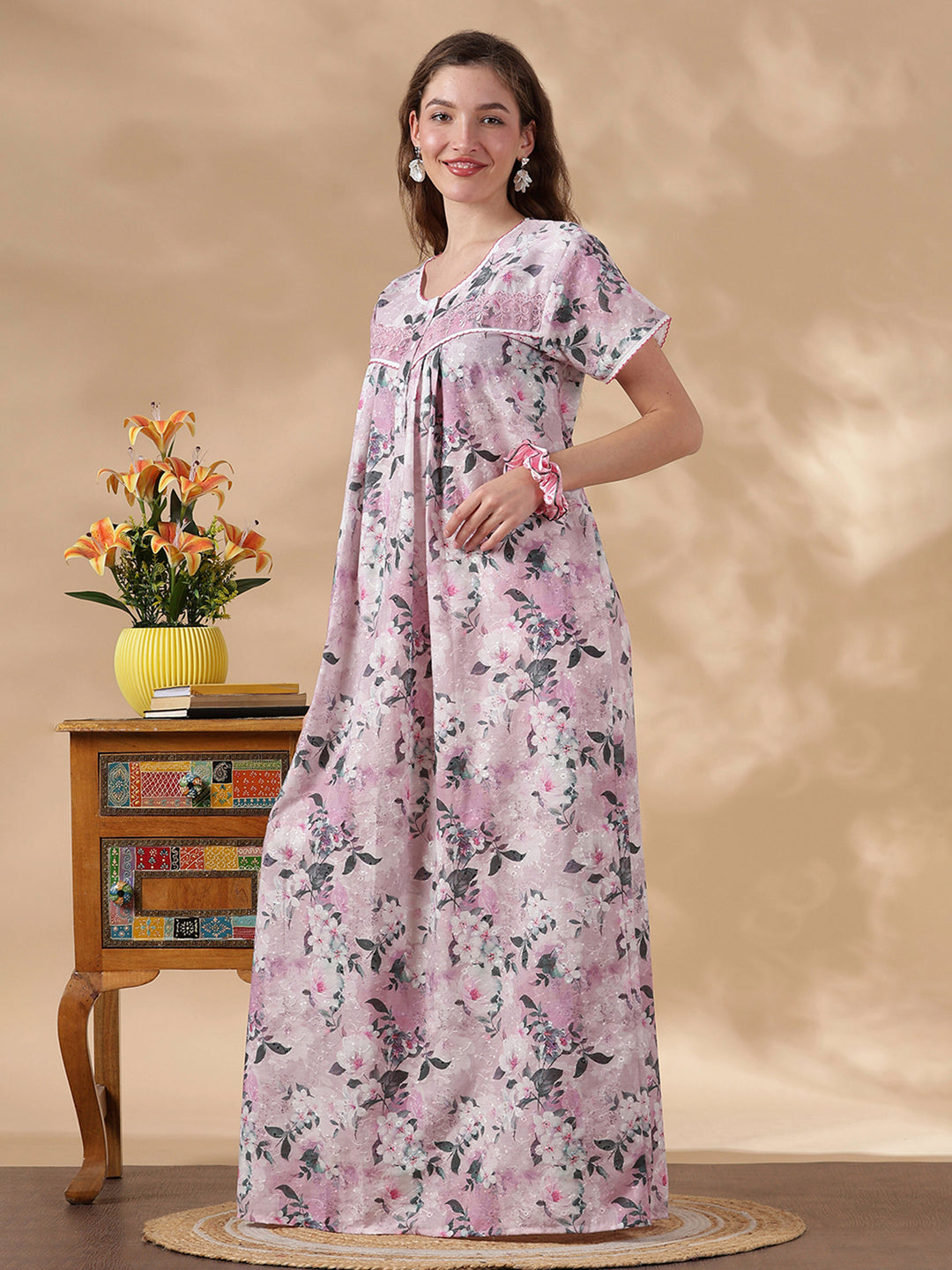 Romantic Rose Pure Cotton Embroidered Nighty for Women
