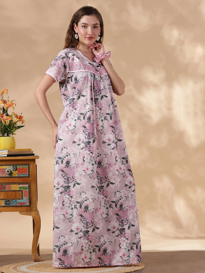 Romantic Rose Pure Cotton Embroidered Nighty for Women