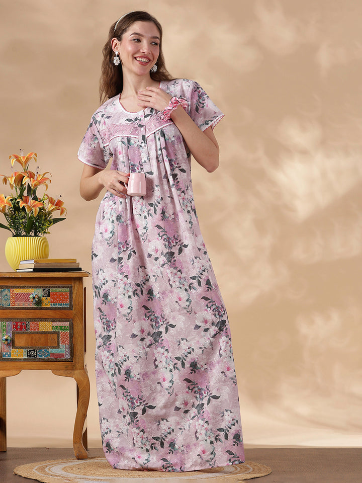 Romantic Rose Pure Cotton Embroidered Nighty for Women