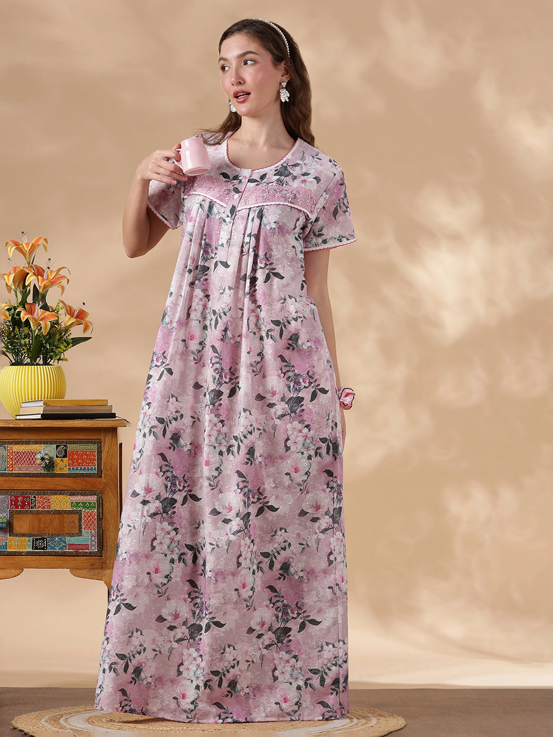 Romantic Rose Pure Cotton Embroidered Nighty for Women