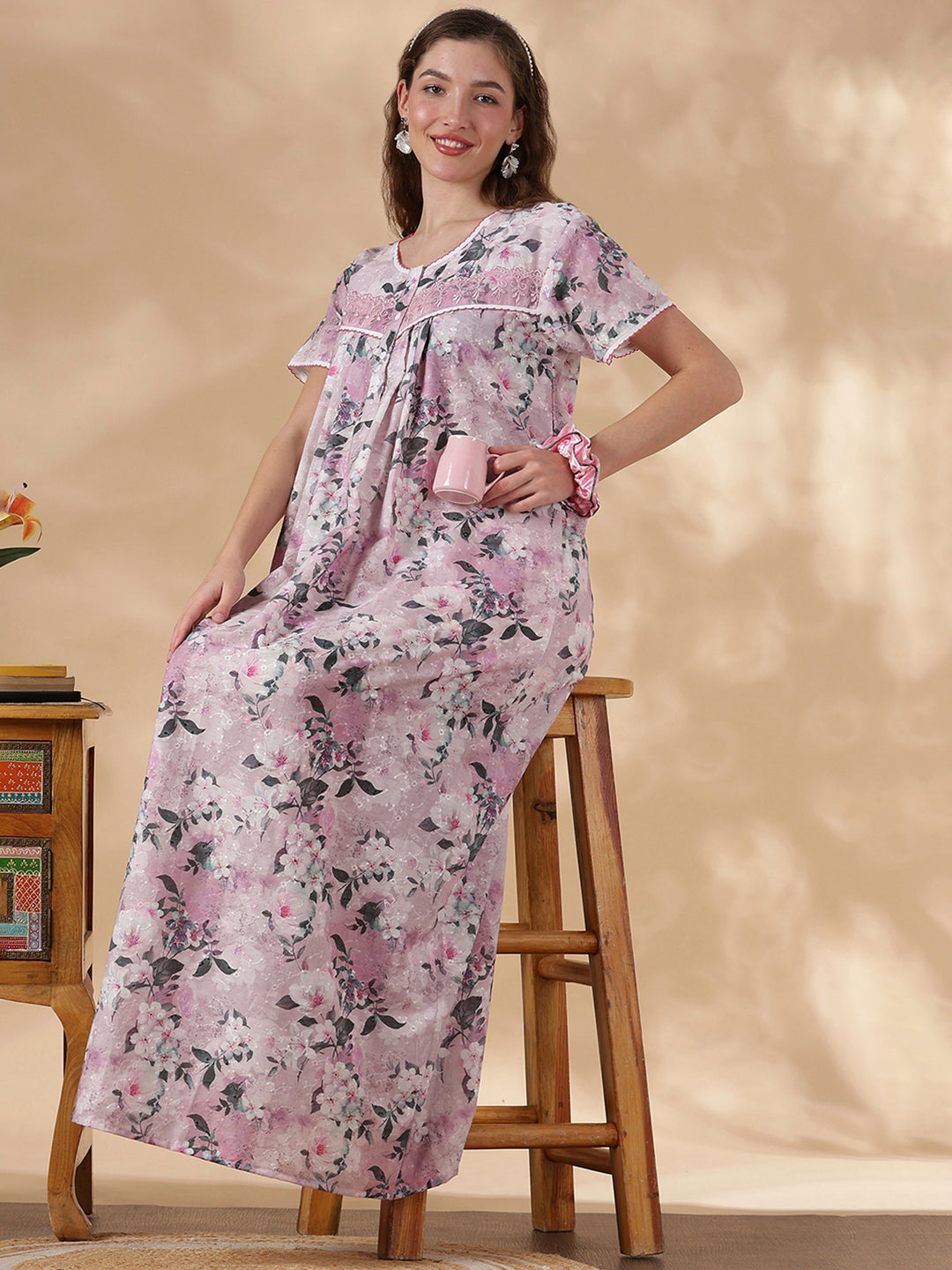 Romantic Rose Pure Cotton Embroidered Nighty for Women