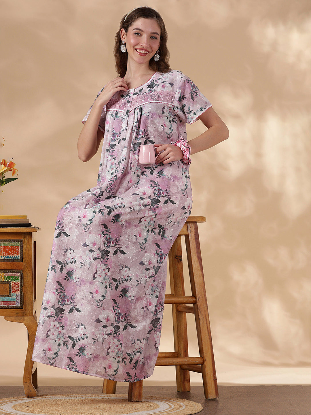 Romantic Rose Pure Cotton Embroidered Nighty for Women