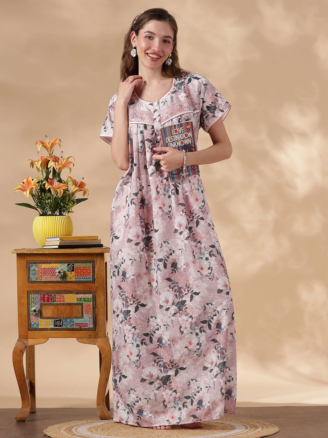 Soft Evening Hues Pure Cotton Embroidered Nighty for Women