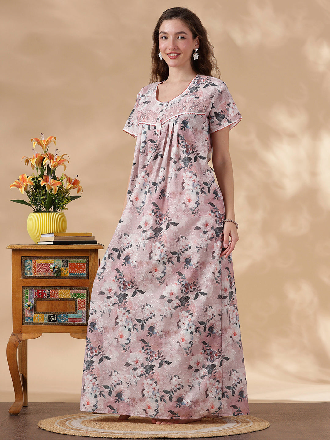 Soft Evening Hues Pure Cotton Embroidered Nighty for Women