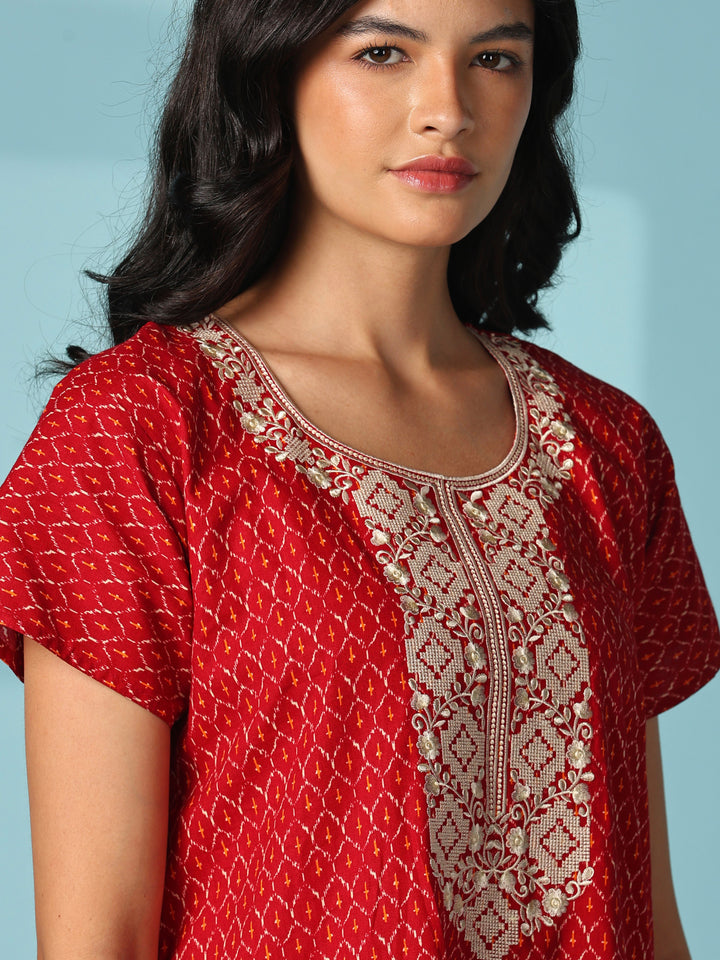 Heritage Ruby Ikat Print Pure Cotton Nighty for Women