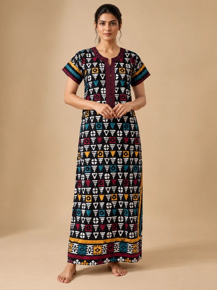 Black Rangrez Batik Print Pure Cotton Nighty for Women