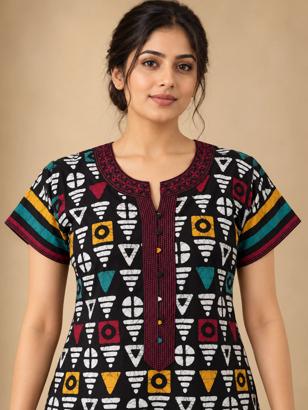 Black Rangrez Batik Print Pure Cotton Nighty for Women