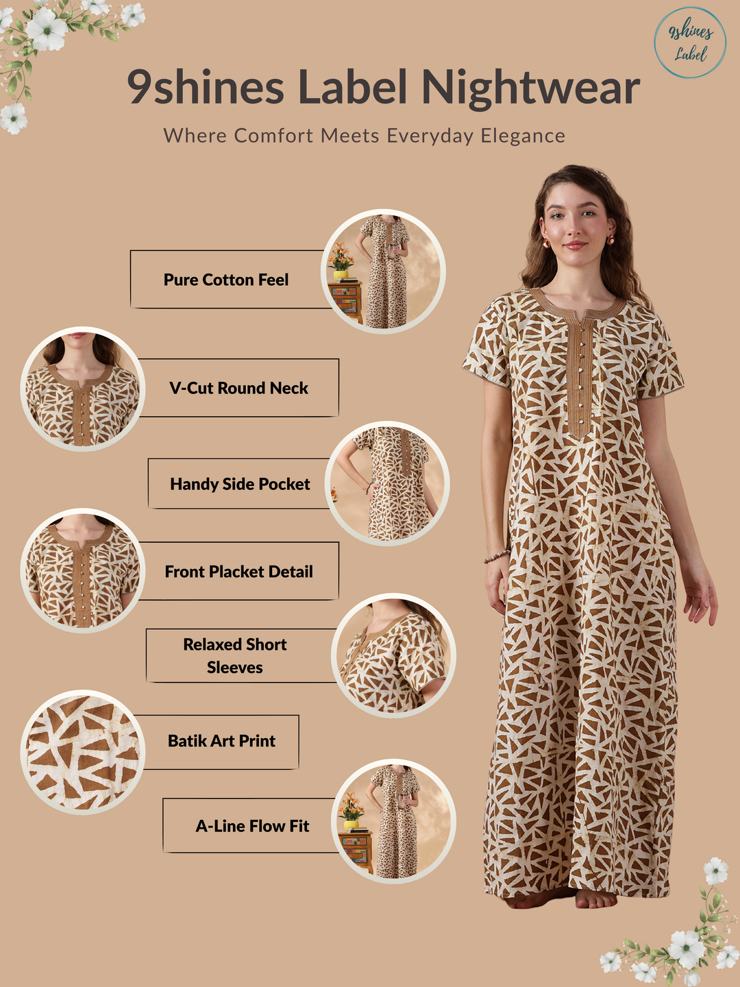 Pure Cotton Jaipuri Batik Nighty for Women Olive Brown Comfortable Fit