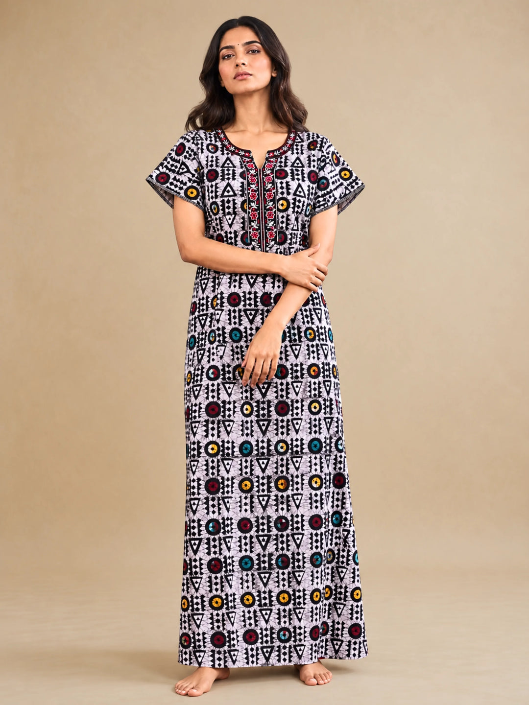Black Batik Print Pure Cotton Nighty for Women