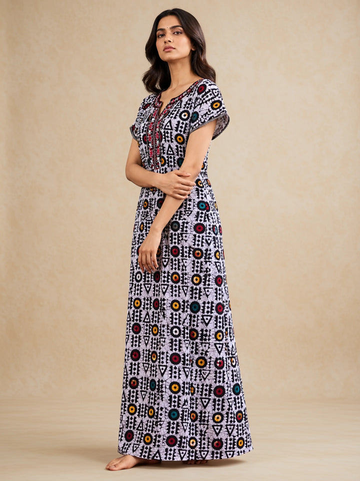 Black Batik Print Pure Cotton Nighty for Women