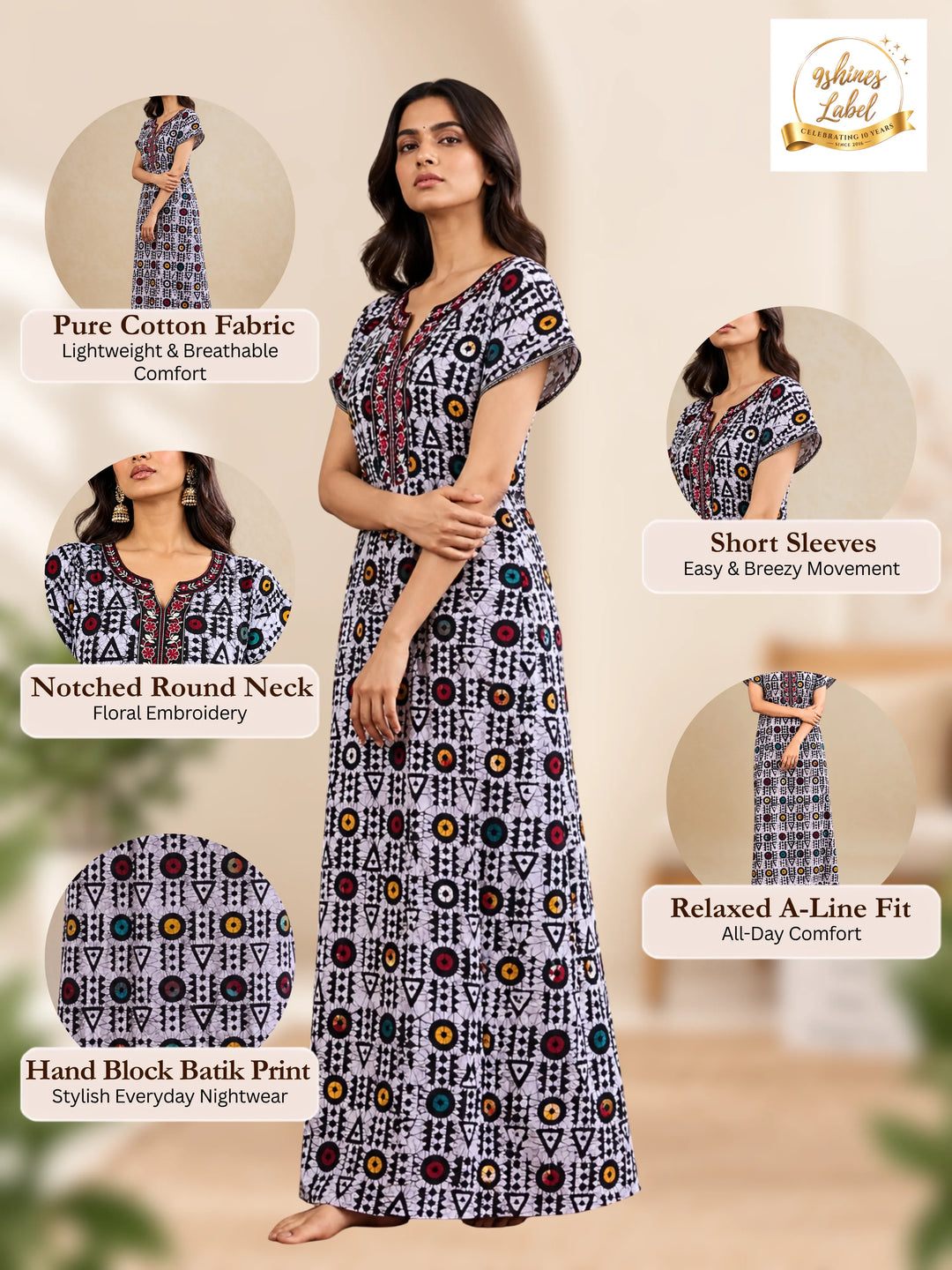 Black Batik Print Pure Cotton Nighty for Women