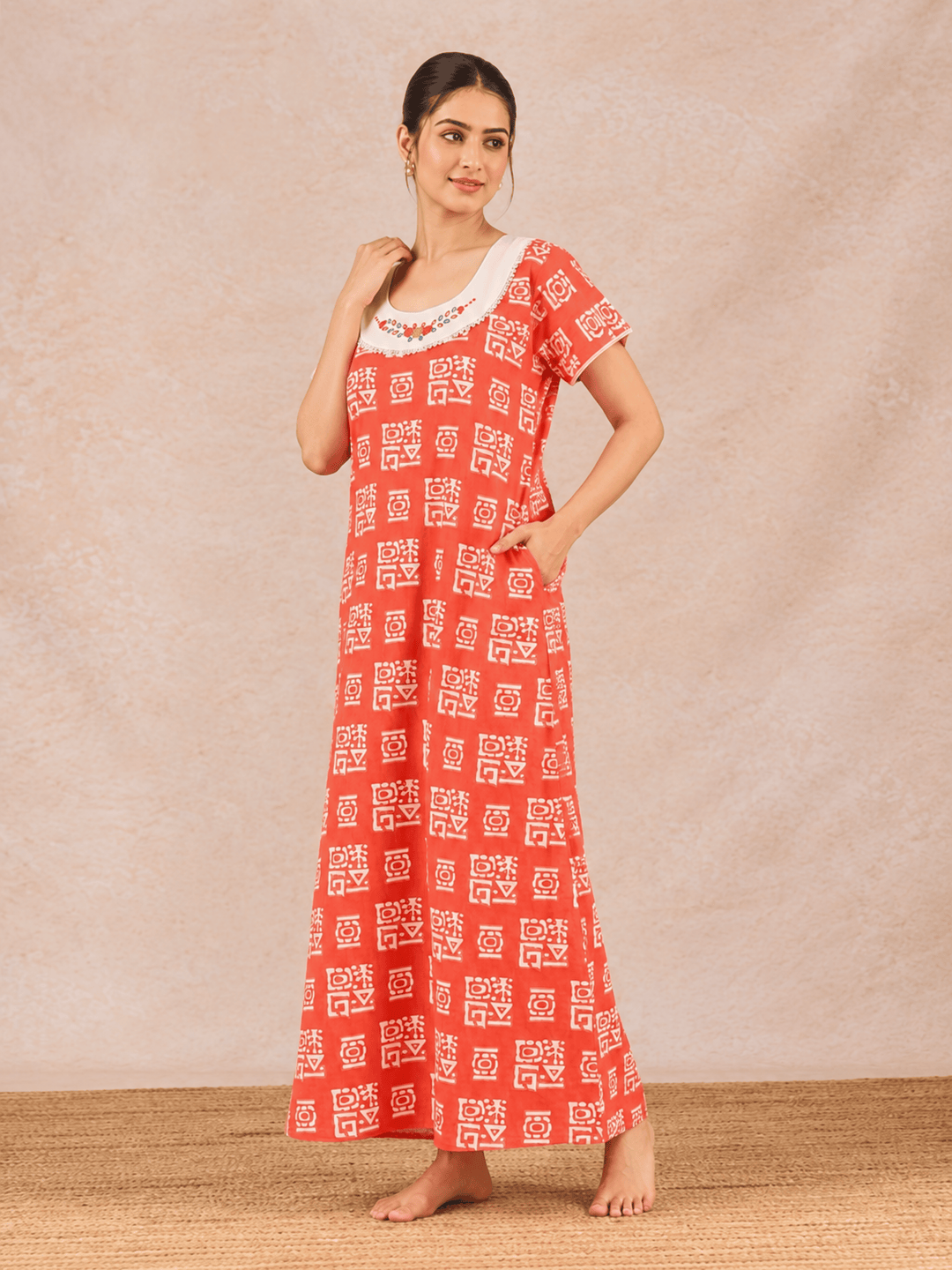 Pure Cotton Batik Print Nighty for Women with Embroidered Yoke