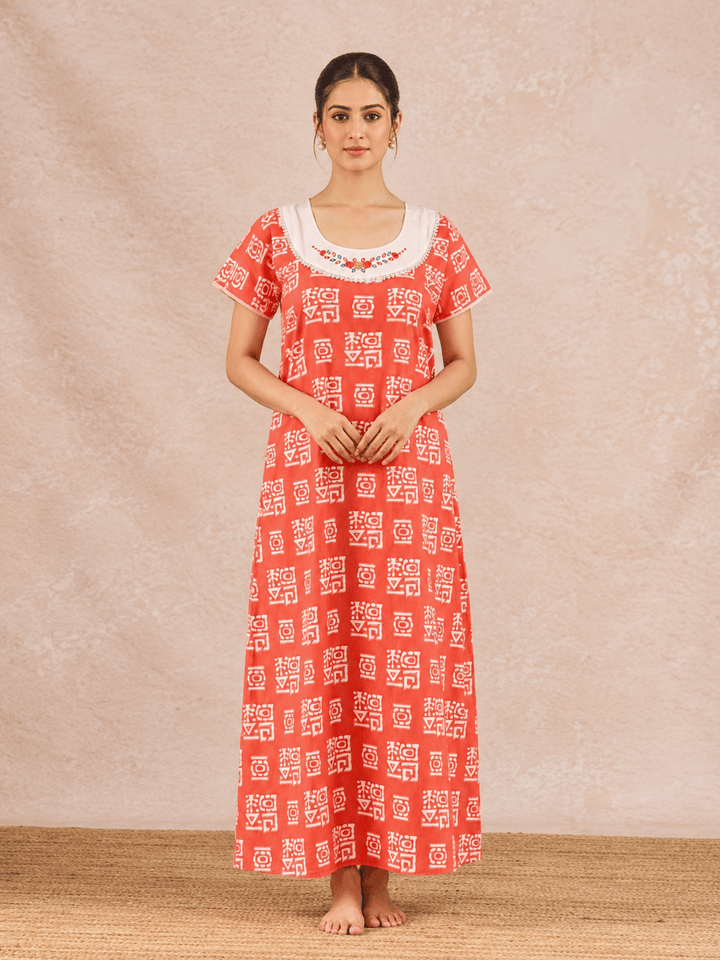 Pure Cotton Batik Print Nighty for Women with Embroidered Yoke