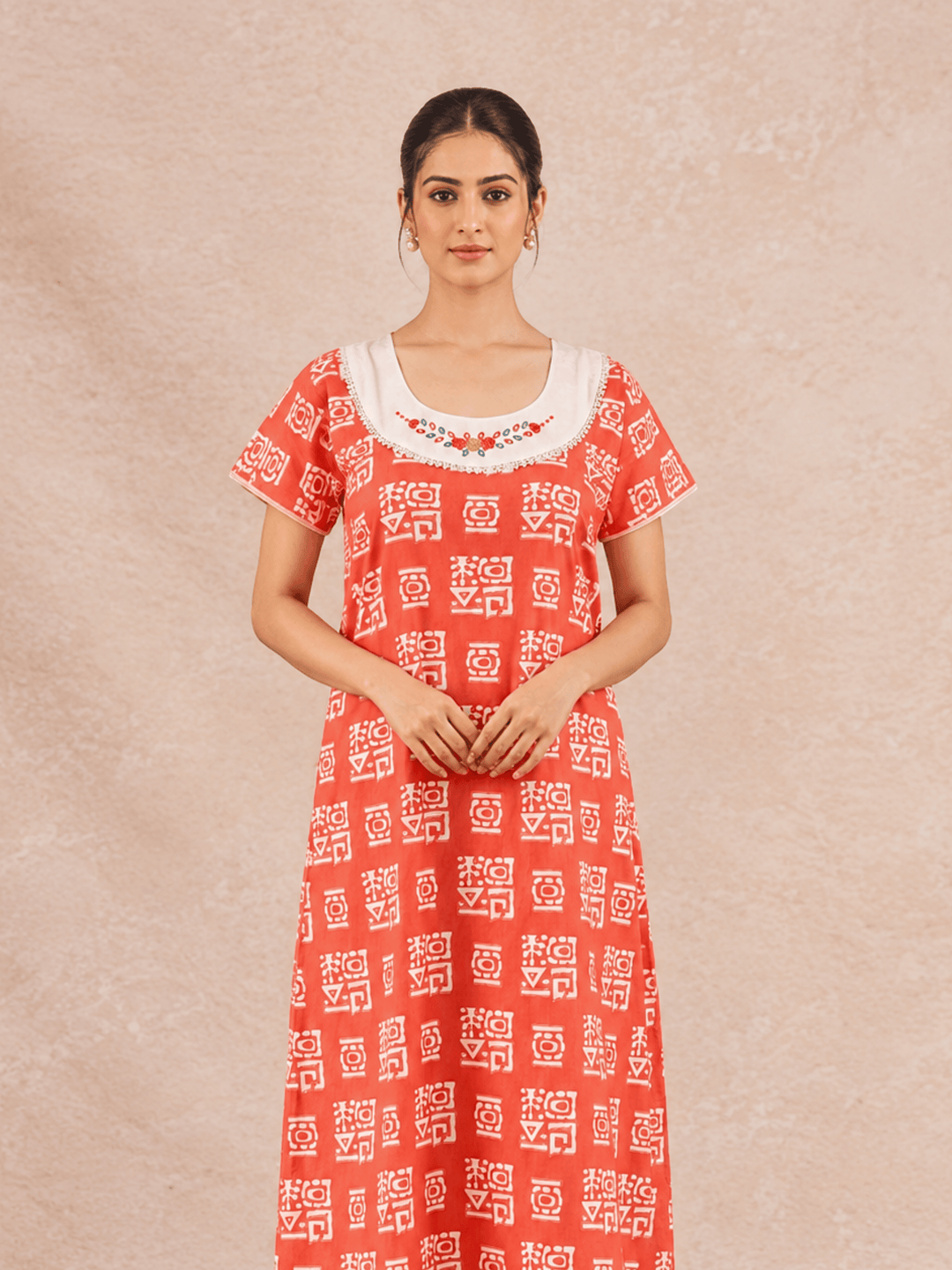 Pure Cotton Batik Print Nighty for Women with Embroidered Yoke