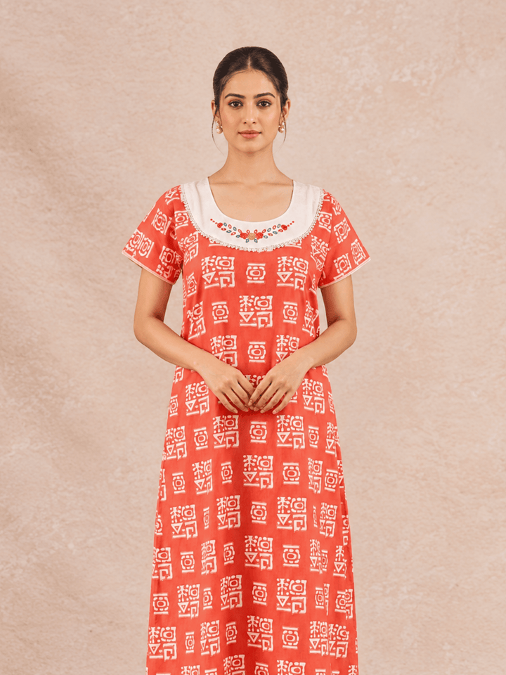 Pure Cotton Batik Print Nighty for Women with Embroidered Yoke