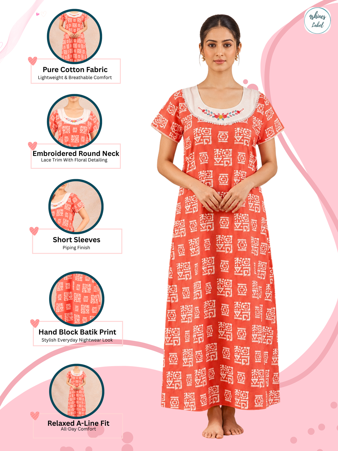 Pure Cotton Batik Print Nighty for Women with Embroidered Yoke