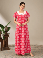 Pure Cotton Embroidered Nighty for Women with Batik Print