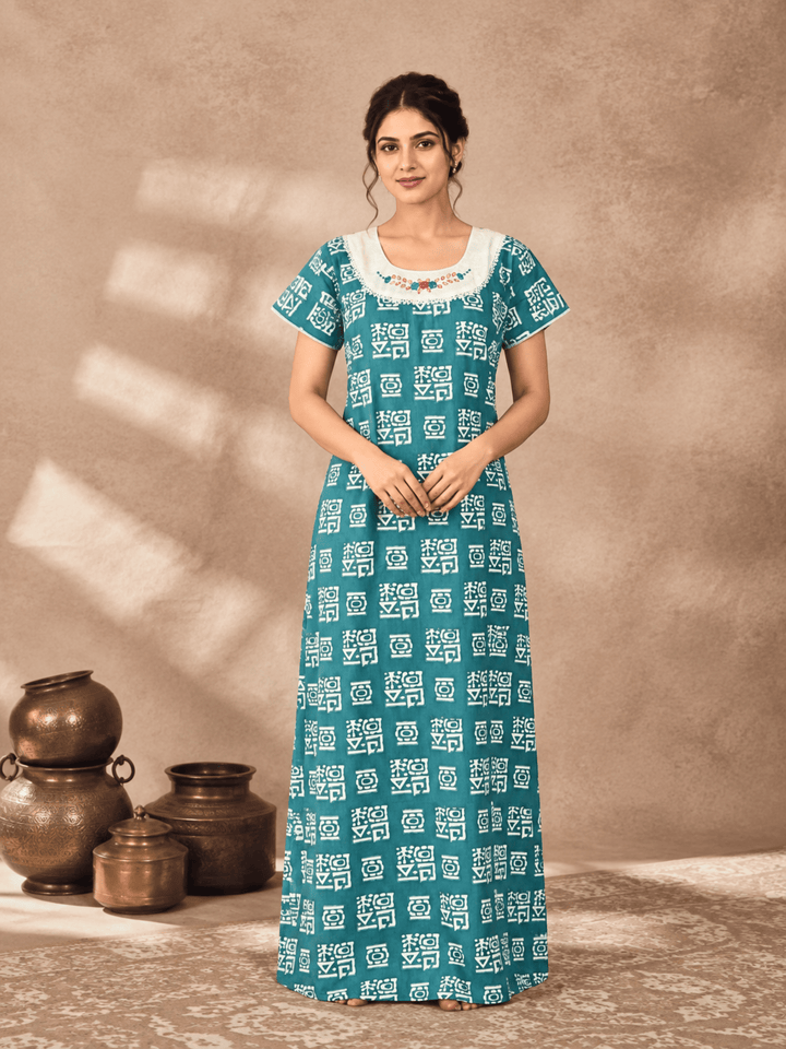Pure Cotton Designer Nighty for Women with Pocket and Batik Print