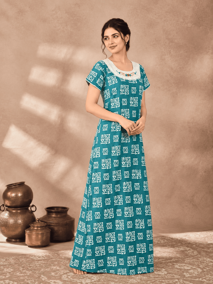 Pure Cotton Designer Nighty for Women with Pocket and Batik Print
