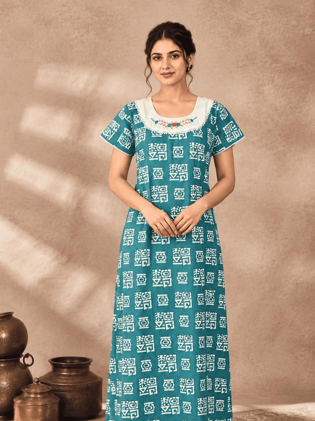 Pure Cotton Designer Nighty for Women with Pocket and Batik Print