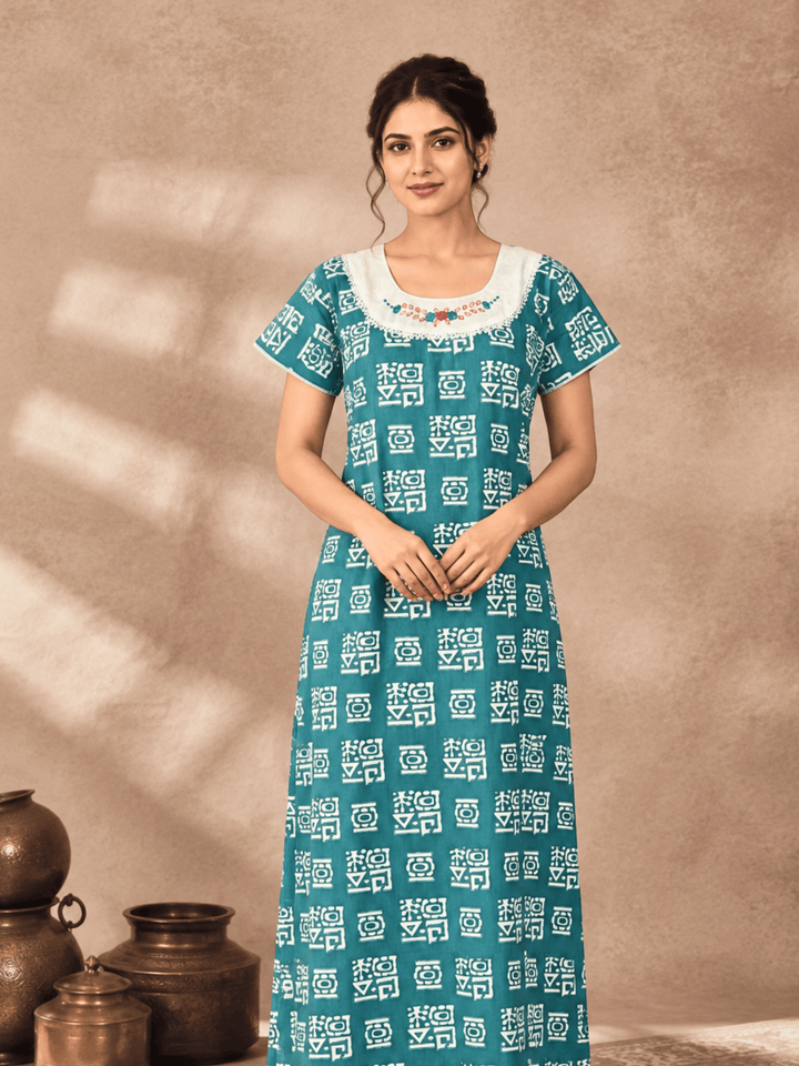 Pure Cotton Designer Nighty for Women with Pocket and Batik Print