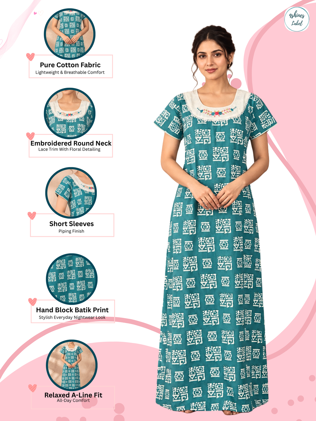 Pure Cotton Designer Nighty for Women with Pocket and Batik Print